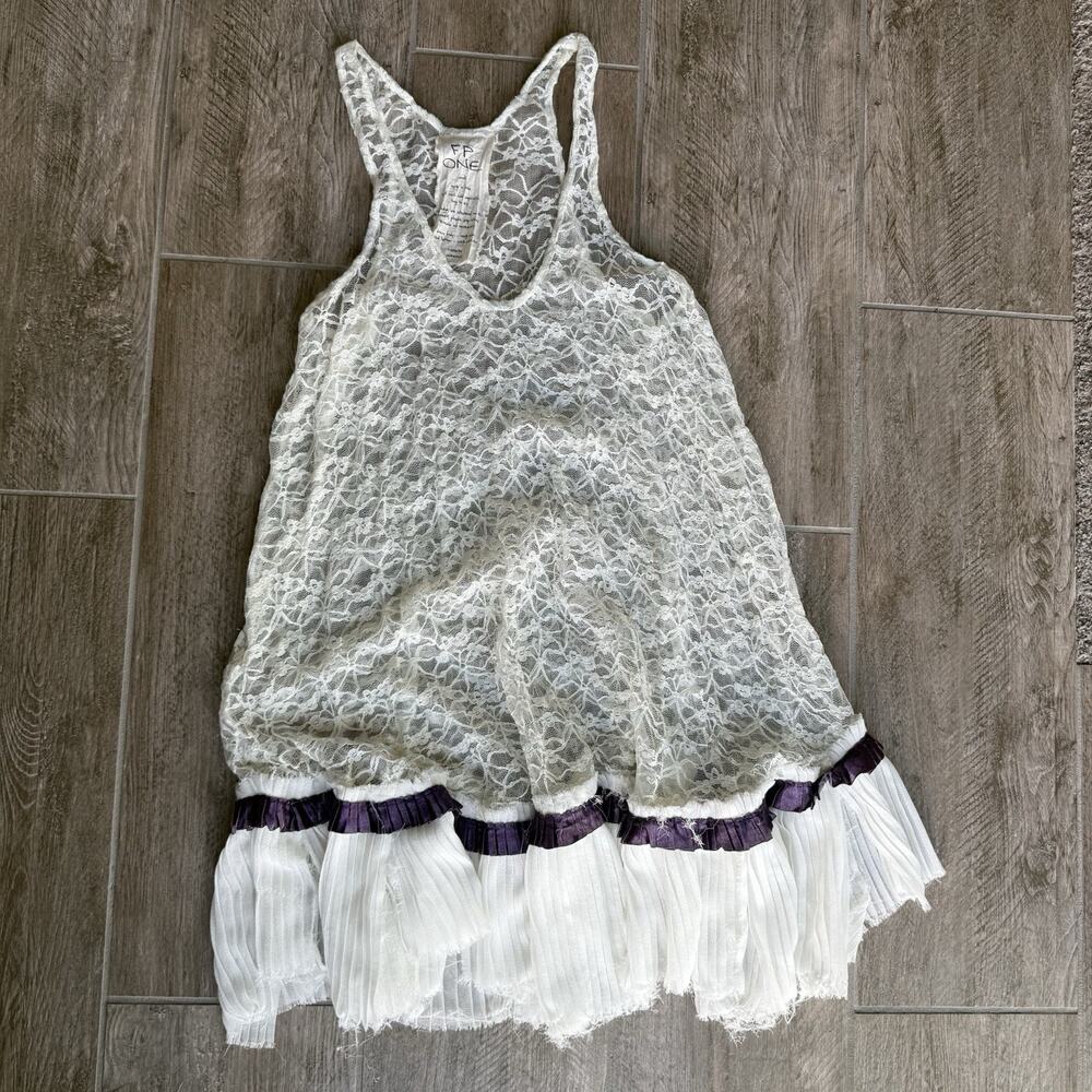 Free People FP One Angel Lace Dress S Ivory Purple Pleated Raw Hem Boho Mini